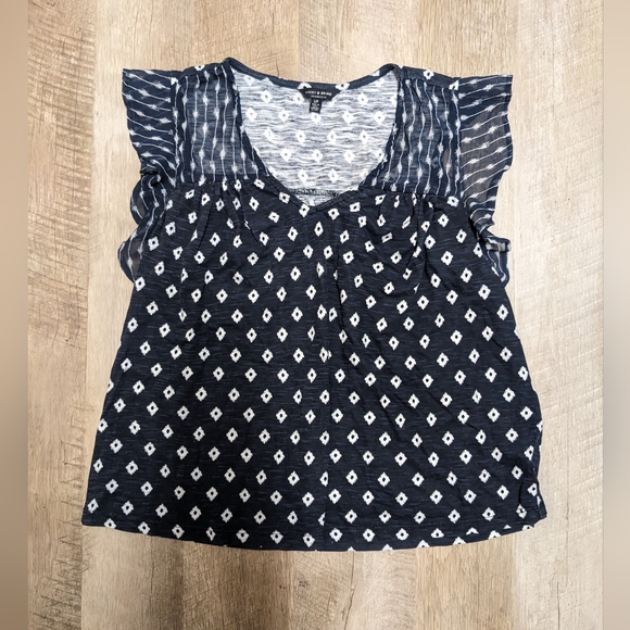 Lucky Brand Flowy Sleeves Top Navy Blue and White - Picture 1 of 7